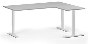 Rohový výškově nastavitelný stůl, 180x140 cm, 3 motory, L/P, bílá podnož, šedá