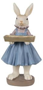 Modro-béžová velikonoční figurka zaječice s truhlíkem v pacičkách – 10x8x20 cm