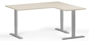 Výškově nastavitelný stůl, 3 motory, 745 - 1215 mm, rohový L/P, deska 1600 x 1400 mm, šedá podnož, bříza