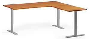Rohový výškově nastavitelný stůl, 180x180 cm, 3 motory, L/P, šedá podnož, třešeň