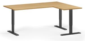Rohový výškově nastavitelný stůl, 180x140 cm, 3 motory, L/P, černá podnož, buk