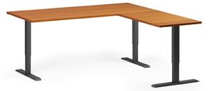Rohový výškově nastavitelný stůl, 180x180 cm, 3 motory, L/P, černá podnož, třešeň