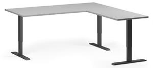 Rohový výškově nastavitelný stůl, 180x180 cm, 3 motory, L/P, černá podnož, šedá