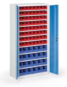 Skříň s plastovými boxy BASIC - 1800 x 400 x 920 mm, 64xA/24xB, šedá/modré dveře