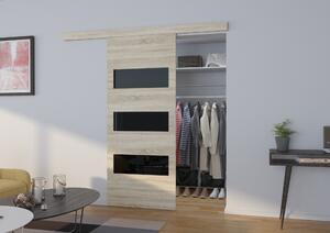 Posuvné dveře na stěnu s lakovaným sklem 86 cm FABRIA - dub sonoma / černé