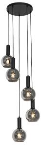 Art Deco závěsná lampa černá s kouřovým sklem kulatá 5-světelná - Josje