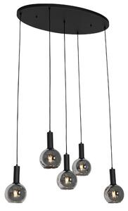 Art Deco závěsná lampa černá s kouřovým sklem oválná 5-světelná - Josje
