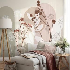 Fototapety Botanická a minimalistická kompozice ze sušených květů a listů s abstraktními, Fototapety 3D, Fototapety 3d květiny, w09906v1 : uwalls.cz