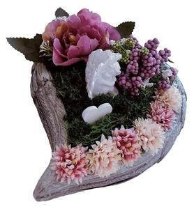 Aranžmá smuteční - srdce - květináč křídla - v růžové s andělíčkem na hrob, pr.20cm