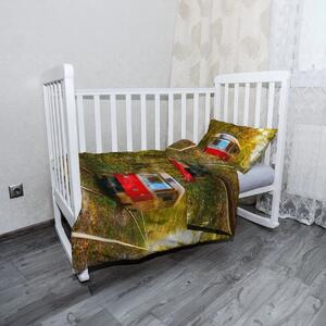 Sablio Mikroplyšové dětské povlečení do postýlky Červená tramvaj v lese - 120x90 / 40x60