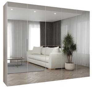 Šatní zrcadlová skříň MARBELLA 3, otočné dveře, tyč, 250×202×52, bílá mat / kašmírové