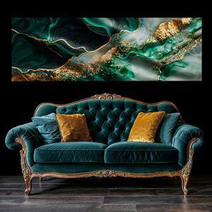 Obraz na plátně - Emeraldové pozlacené vlnky FeelHappy.cz Velikost obrazu: 90 x 30 cm