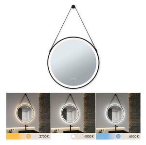 Paulmann 71089 Mirra, osvětlené kulaté zrcadlo s koženým závěsem, stmívatelné, funkce odmlžení, 11,5W LED White Switch, černá, průměr 59cm, IP44