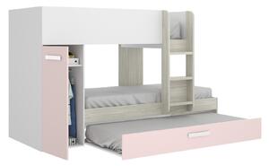Patrová postel pro dvě i tři holky Tom, oak grey, white-pink