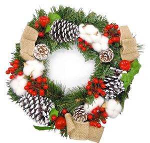 Vánoční věnec se šiškami, červenými bobulemi, bavlnami a mašlí, 40cm