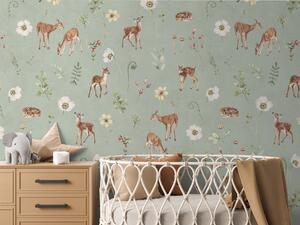 Tapeta srnky - Dancing Deer Green Materiál: Digitální eko vlies - klasická tapeta nesamolepicí