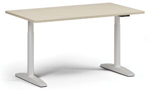 Výškově nastavitelný stůl OBOL, elektrický, 675-1325 mm, deska 1400x800 mm, bílá zaoblená podnož, bříza