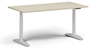 Výškově nastavitelný stůl OBOL, elektrický, 675-1325 mm, deska 1600x800 mm, bílá zaoblená podnož, bříza