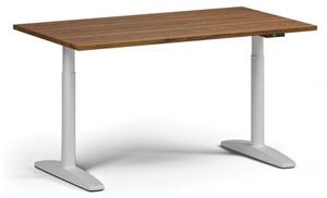Výškově nastavitelný stůl OBOL, elektrický, 675-1325 mm, deska 1400x800 mm, bílá zaoblená podnož, ořech