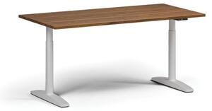 Výškově nastavitelný stůl OBOL, elektrický, 675-1325 mm, deska 1600x800 mm, bílá podnož, ořech
