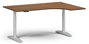 Výškově nastavitelný stůl OBOL, elektrický, 675-1325 mm, rohový pravý, deska 1600x1200 mm, bílá zaoblená podnož, ořech