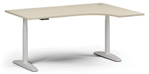 Výškově nastavitelný stůl OBOL, elektrický, 675-1325 mm, rohový pravý, deska 1600x1200 mm, bílá zaoblená podnož, šedá