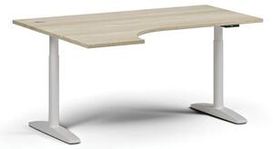 Výškově nastavitelný stůl OBOL, elektrický, 675-1325 mm, rohový levý, deska 1600x1200 mm, bílá zaoblená podnož, dub přírodní