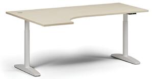 Výškově nastavitelný stůl OBOL, elektrický, 675-1325 mm, rohový levý, deska 1800x1200 mm, bílá zaoblená podnož, dub přírodní