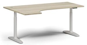 Výškově nastavitelný stůl OBOL, elektrický, 675-1325 mm, rohový levý, deska 1800x1200 mm, bílá zaoblená podnož, dub přírodní