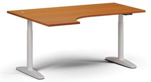 Výškově nastavitelný stůl OBOL, elektrický, 675-1325 mm, rohový levý, deska 1800x1200 mm, bílá zaoblená podnož, třešeň