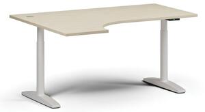 Výškově nastavitelný stůl OBOL, elektrický, 675-1325 mm, rohový levý, deska 1600x1200 mm, bílá zaoblená podnož, bříza