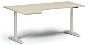 Výškově nastavitelný stůl OBOL, elektrický, 675-1325 mm, rohový levý, deska 1800x1200 mm, bílá zaoblená podnož, bříza