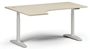 Výškově nastavitelný stůl OBOL, elektrický, 675-1325 mm, rohový levý, deska 1600x1200 mm, bílá zaoblená podnož, buk