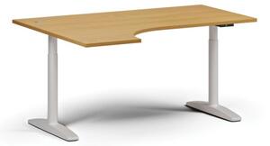 Výškově nastavitelný stůl OBOL, elektrický, 675-1325 mm, rohový levý, deska 1600x1200 mm, bílá podnož, buk