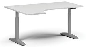 Výškově nastavitelný stůl OBOL, elektrický, 675-1325 mm, rohový levý, deska 1600x1200 mm, šedá zaoblená podnož, bílá