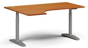 Výškově nastavitelný stůl OBOL, elektrický, 675-1325 mm, rohový levý, deska 1600x1200 mm, šedá zaoblená podnož, třešeň