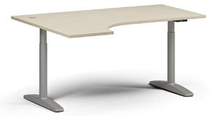 Výškově nastavitelný stůl OBOL, elektrický, 675-1325 mm, rohový levý, deska 1600x1200 mm, šedá zaoblená podnož, dub přírodní
