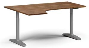 Výškově nastavitelný stůl OBOL, elektrický, 675-1325 mm, rohový levý, deska 1600x1200 mm, šedá zaoblená podnož, ořech