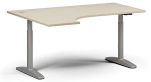 Výškově nastavitelný stůl OBOL, elektrický, 675-1325 mm, rohový levý, deska 1600x1200 mm, šedá zaoblená podnož, bříza