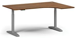 Výškově nastavitelný stůl OBOL, elektrický, 675-1325 mm, rohový pravý, deska 1600x1200 mm, šedá zaoblená podnož, ořech