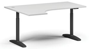 Výškově nastavitelný stůl OBOL, elektrický, 675-1325 mm, rohový levý, deska 1600x1200 mm, černá zaoblená podnož, bílá