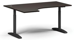Výškově nastavitelný stůl OBOL, elektrický, 675-1325 mm, rohový levý, deska 1600x1200 mm, černá zaoblená podnož, wenge