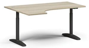 Výškově nastavitelný stůl OBOL, elektrický, 675-1325 mm, rohový levý, deska 1600x1200 mm, černá zaoblená podnož, dub přírodní