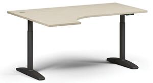 Výškově nastavitelný stůl OBOL, elektrický, 675-1325 mm, rohový levý, deska 1600x1200 mm, černá zaoblená podnož, bříza