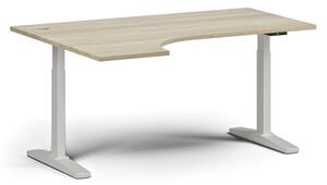Výškově nastavitelný stůl, elektrický, 675-1325 mm, rohový levý, deska 1600x1200 mm, bílá podnož, dub přírodní