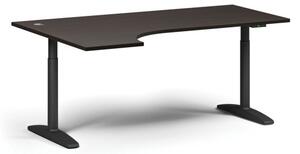 Výškově nastavitelný stůl OBOL, elektrický, 675-1325 mm, rohový levý, deska 1800x1200 mm, černá zaoblená podnož, wenge