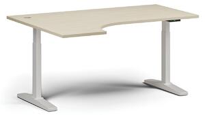Výškově nastavitelný stůl, elektrický, 675-1325 mm, rohový levý, deska 1600 x 1200 mm, bílá podnož, buk