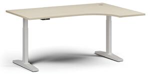 Výškově nastavitelný stůl, elektrický, 675-1325 mm, rohový pravý, deska 1600x1200 mm, bílá podnož, dub přírodní