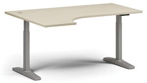 Výškově nastavitelný stůl, elektrický, 675-1325 mm, rohový levý, deska 1600x1200 mm, šedá podnož, dub přírodní