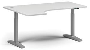 Výškově nastavitelný stůl, elektrický, 675-1325 mm, rohový levý, deska 1600x1200 mm, šedá podnož, bílá